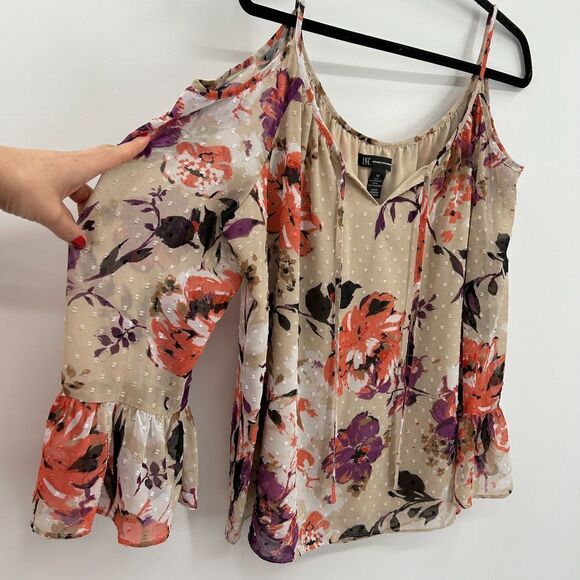 INC INTERNATIONAL CONCEPTS Beige Pink Floral Swiss Dot Cold Shoulder Blouse 16 - Picture 5 of 6